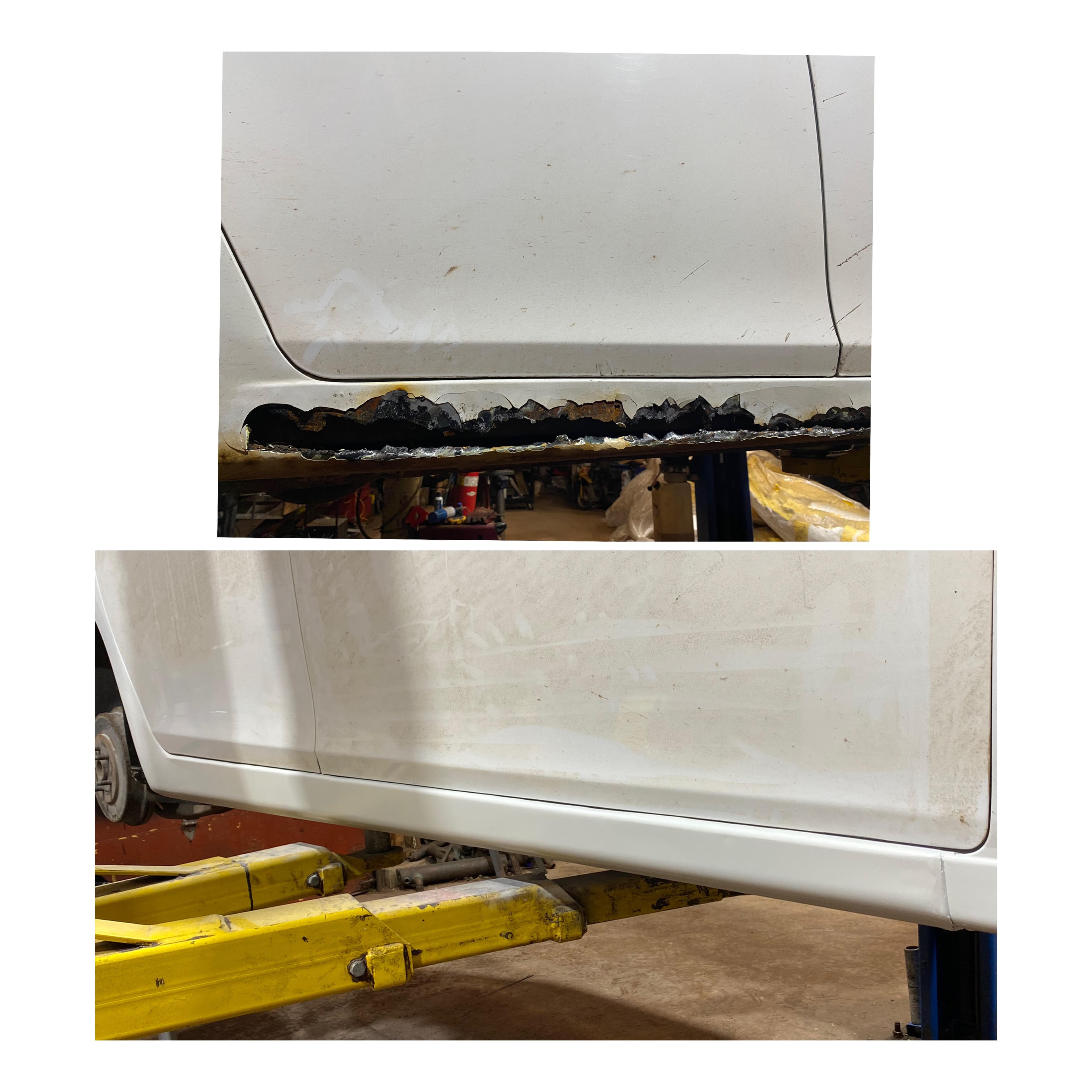 Rocker panel replacement showing before and after stages